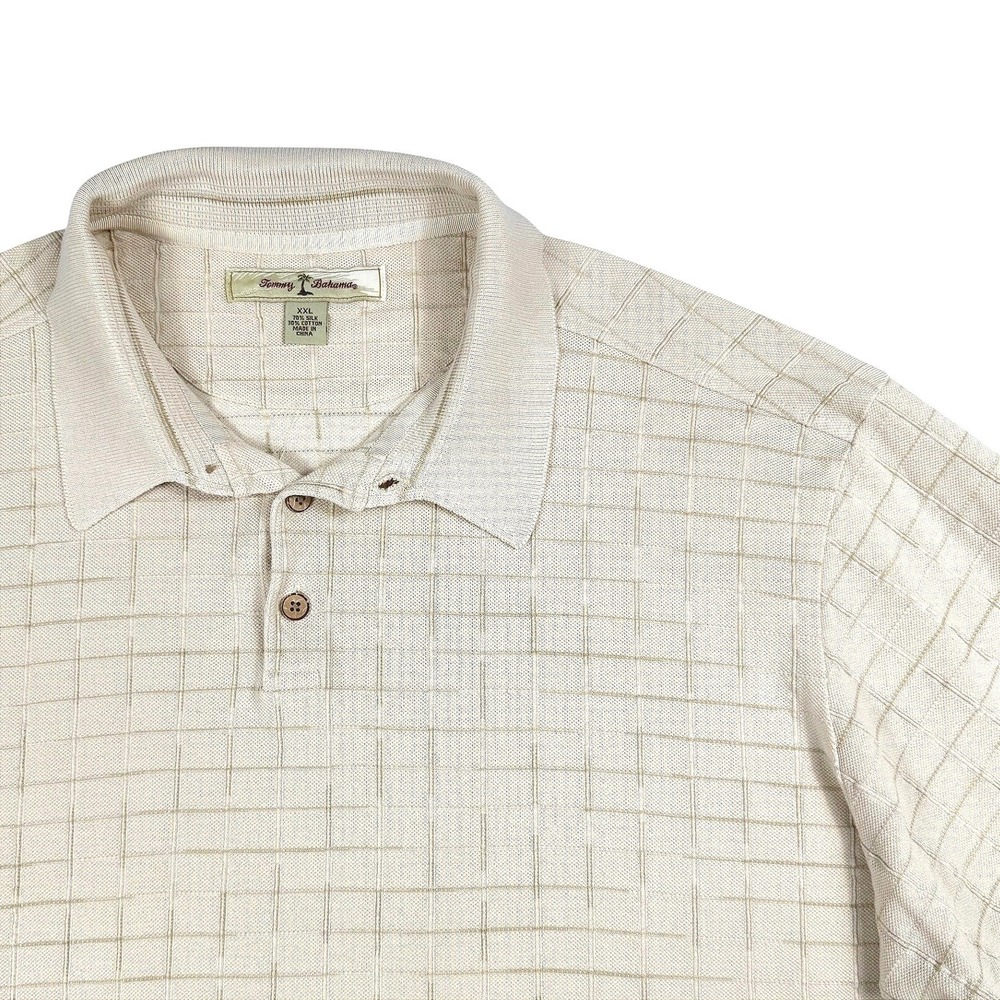 Tommy Bahama Old Money Silk Cotton Polo Cream Tan Textured Grid Vintage Mens XXL
